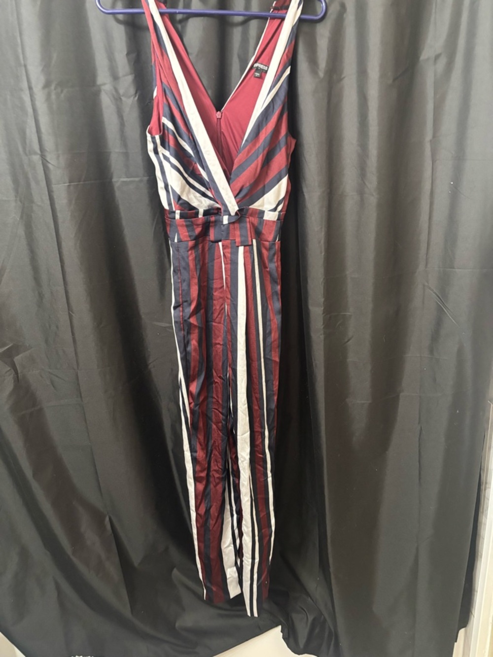 Express Striped V-Neck Jumpsuit in Burgundy, Navy & White
